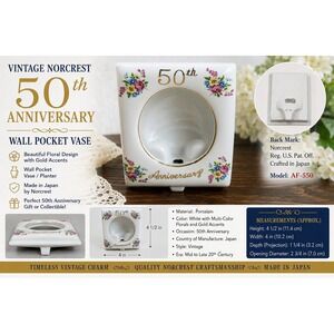 Vintage Norcrest 50th Anniversary Wall Pocket Vase Porcelain Floral Japan AF-550